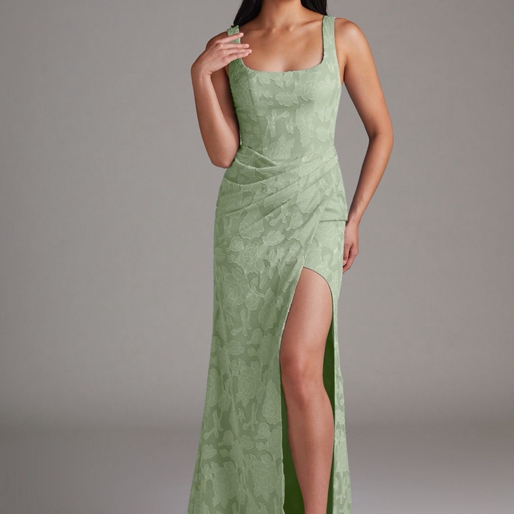 Azazie Mero Sage Green Agave Sheath Pleated Floral Burnout Dress with Side Slit